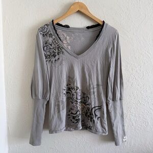 Replay Gray V-Neck Long Puffy Sleeve Top With Floral Print Size S